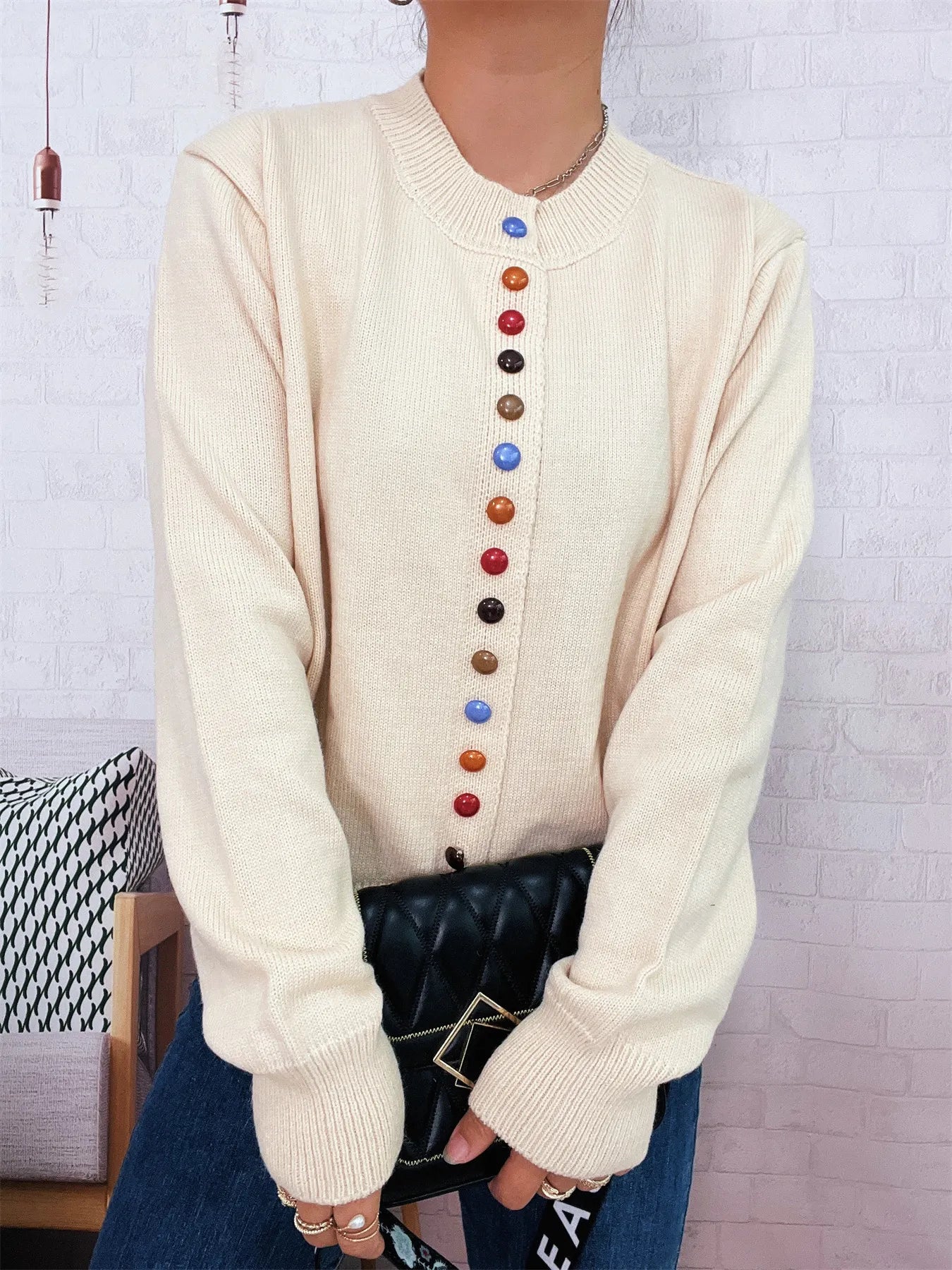 Button-Front Cardigan with Colorful Detail Buttons