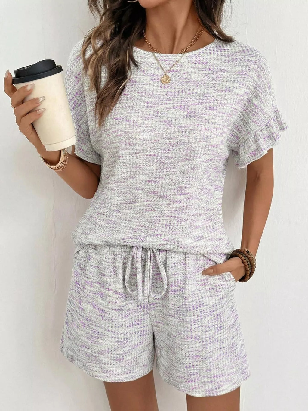 Ruffle Sleeve Textured Top and Shorts Set