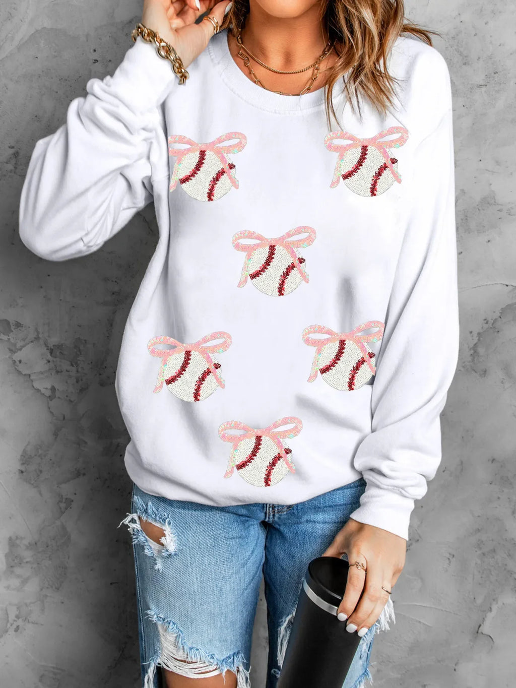 Sequin Bow Baseball Patched Casual Sweatshirt