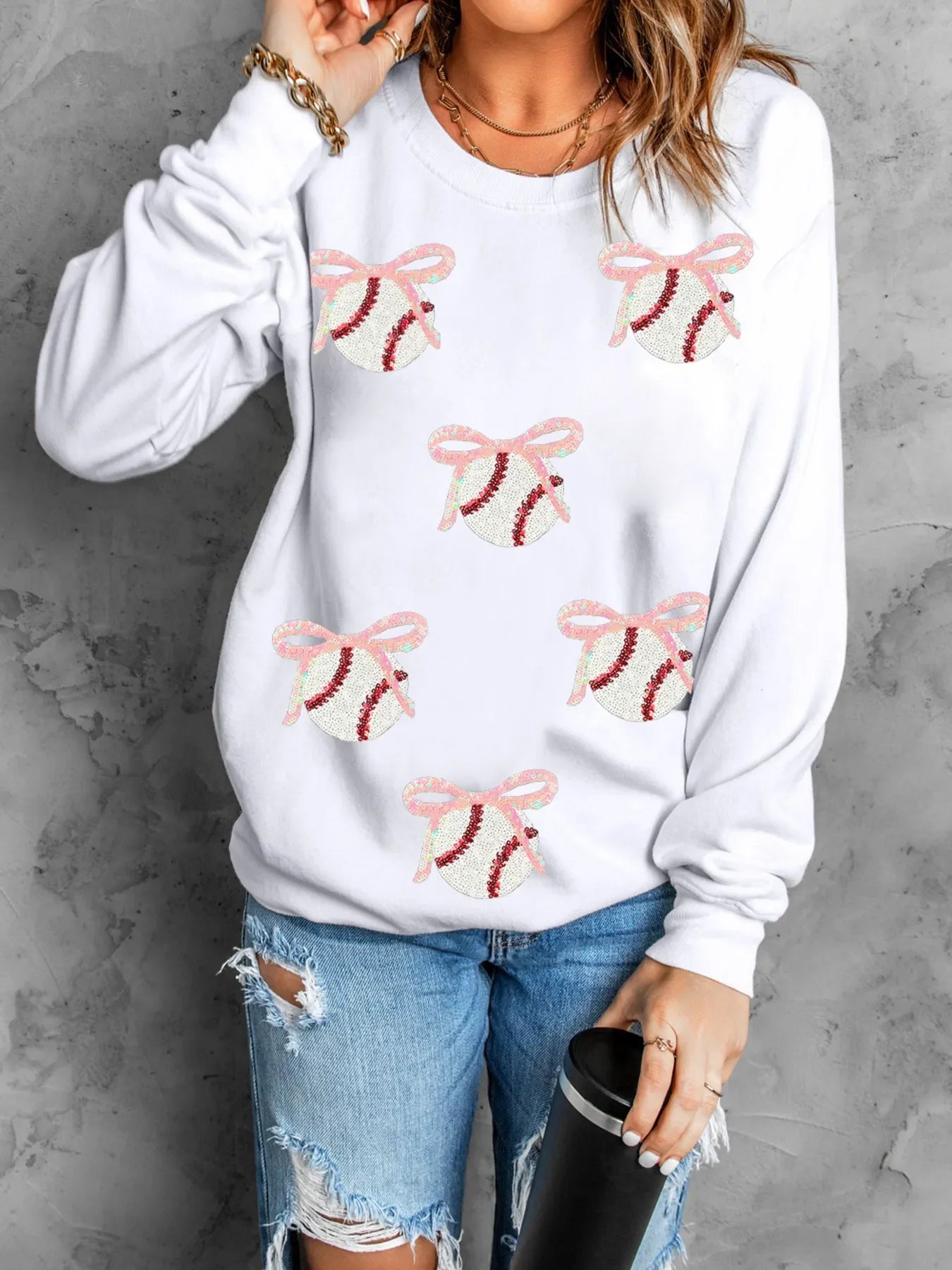 Sequin Bow Baseball Patched Casual Sweatshirt