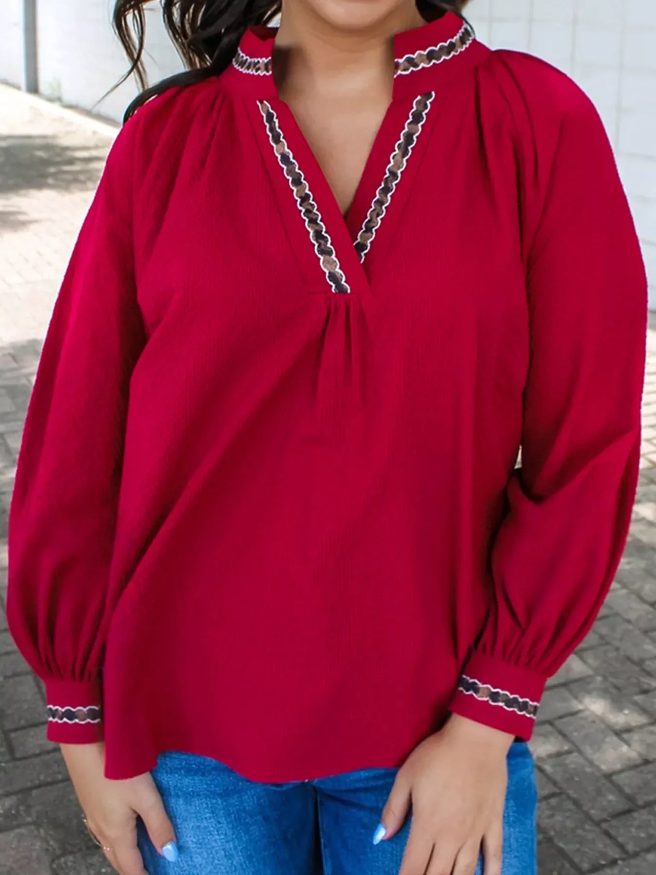 Leopard Notched Long Sleeve Blouse