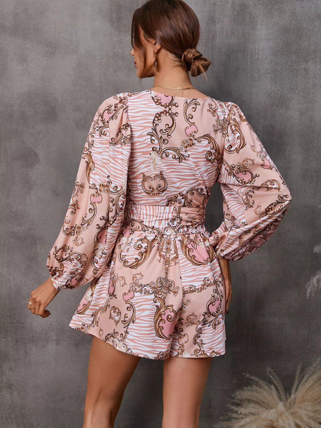 Cutout Front Printed Long Sleeve Romper
