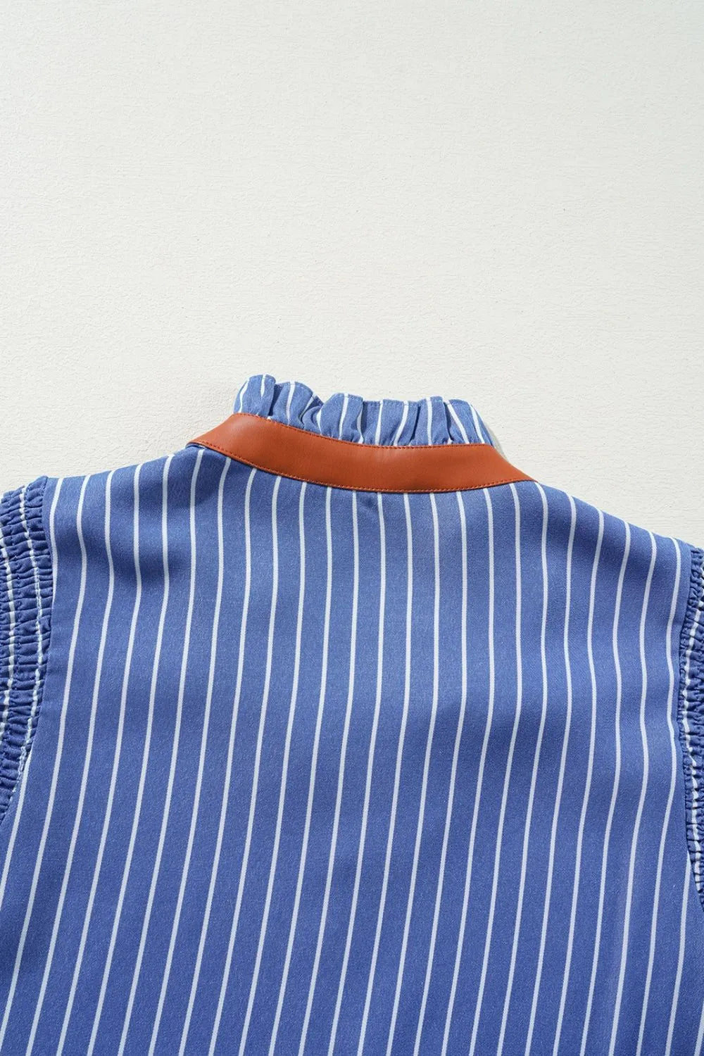 Stripe Frilly Split Neck Shirred Ruffle Sleeve Short Shift Dress