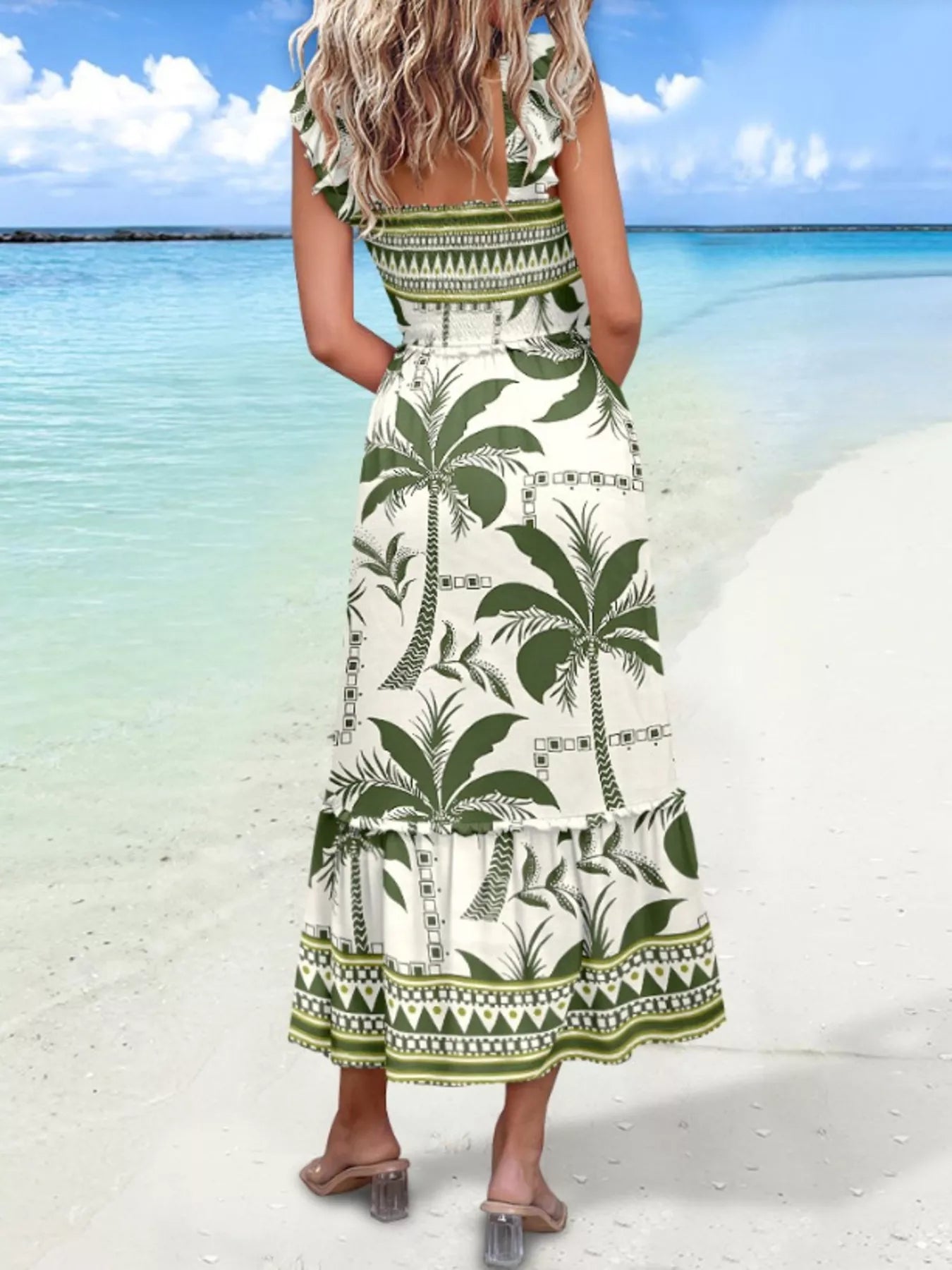 Tropical Palm Print Square Neck Midi Dress