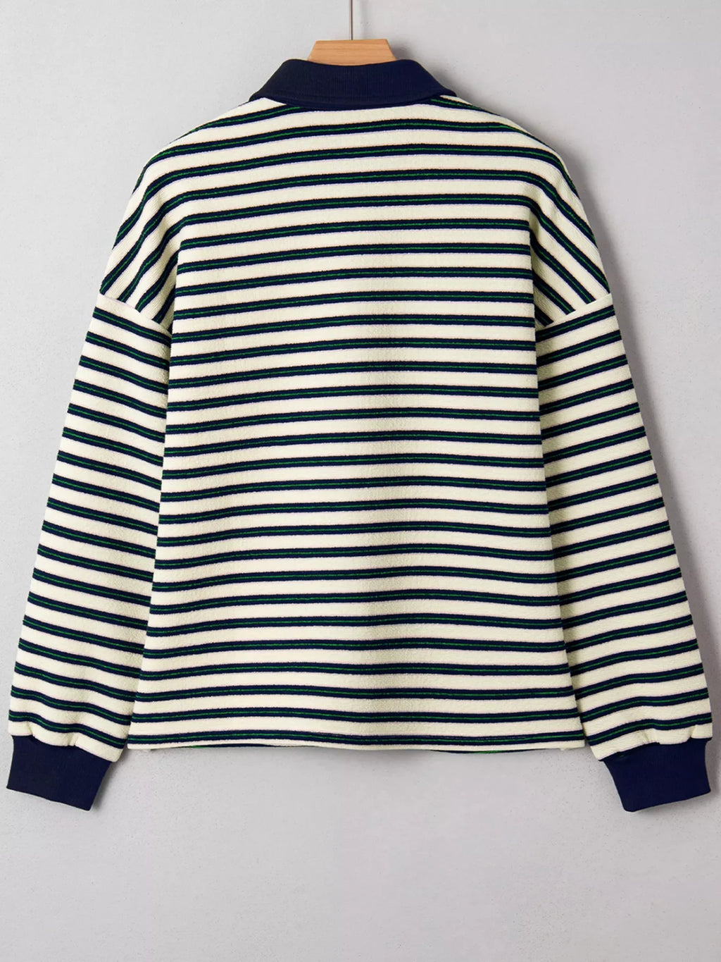 Striped Print Contrast Collar Zip V Neck Long Sleeve Top
