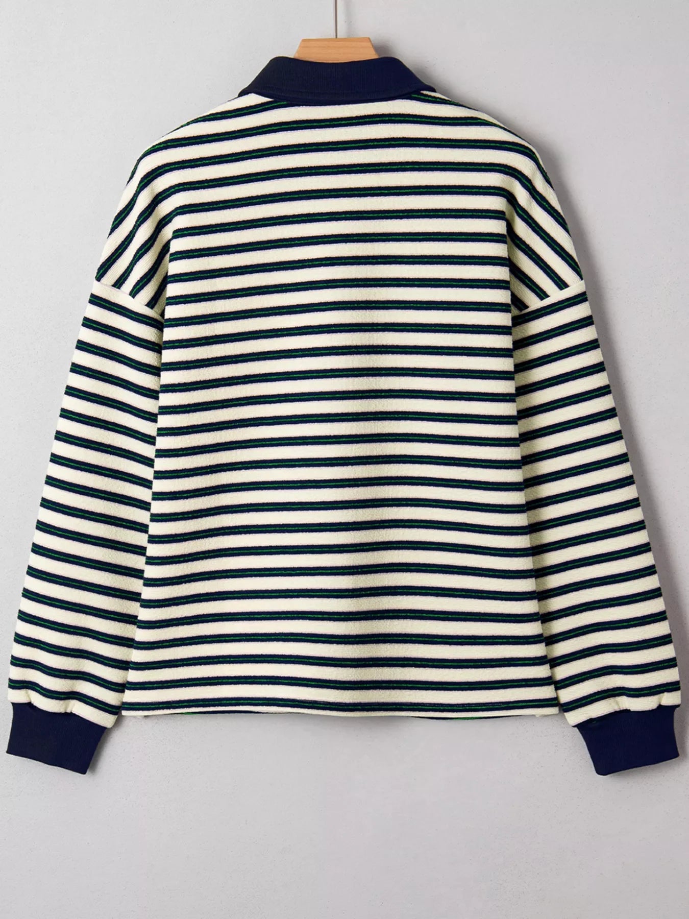 Striped Print Contrast Collar Zip V Neck Long Sleeve Top