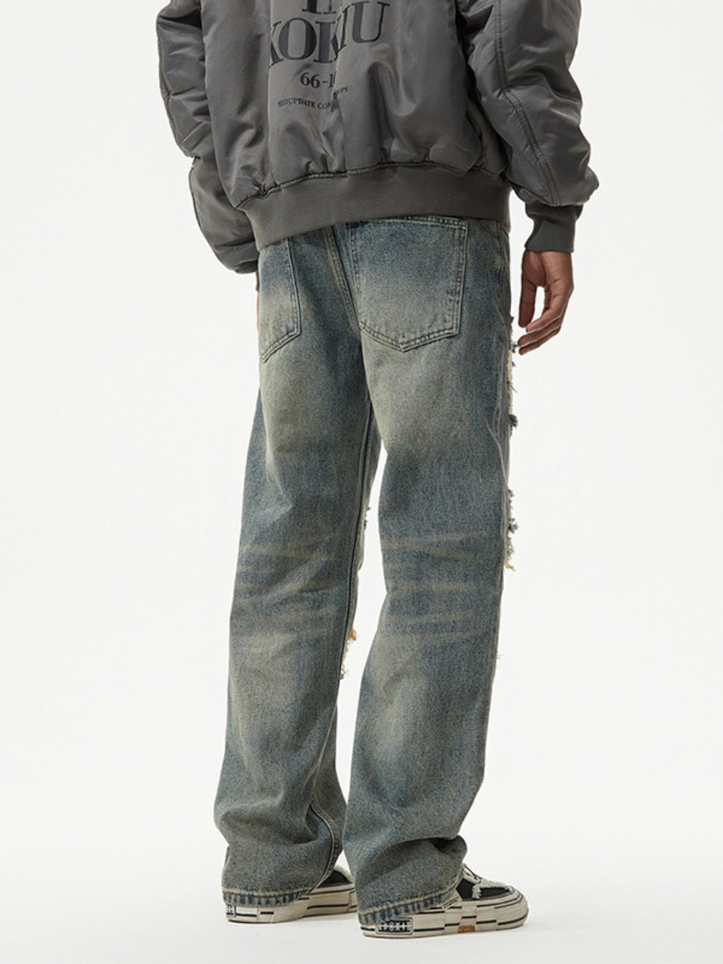 Men's Distressed Plaid Patch Wide Leg Jeans