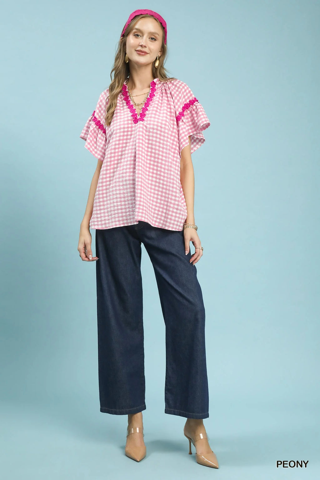 Umgee Gingham Lace Trim Top