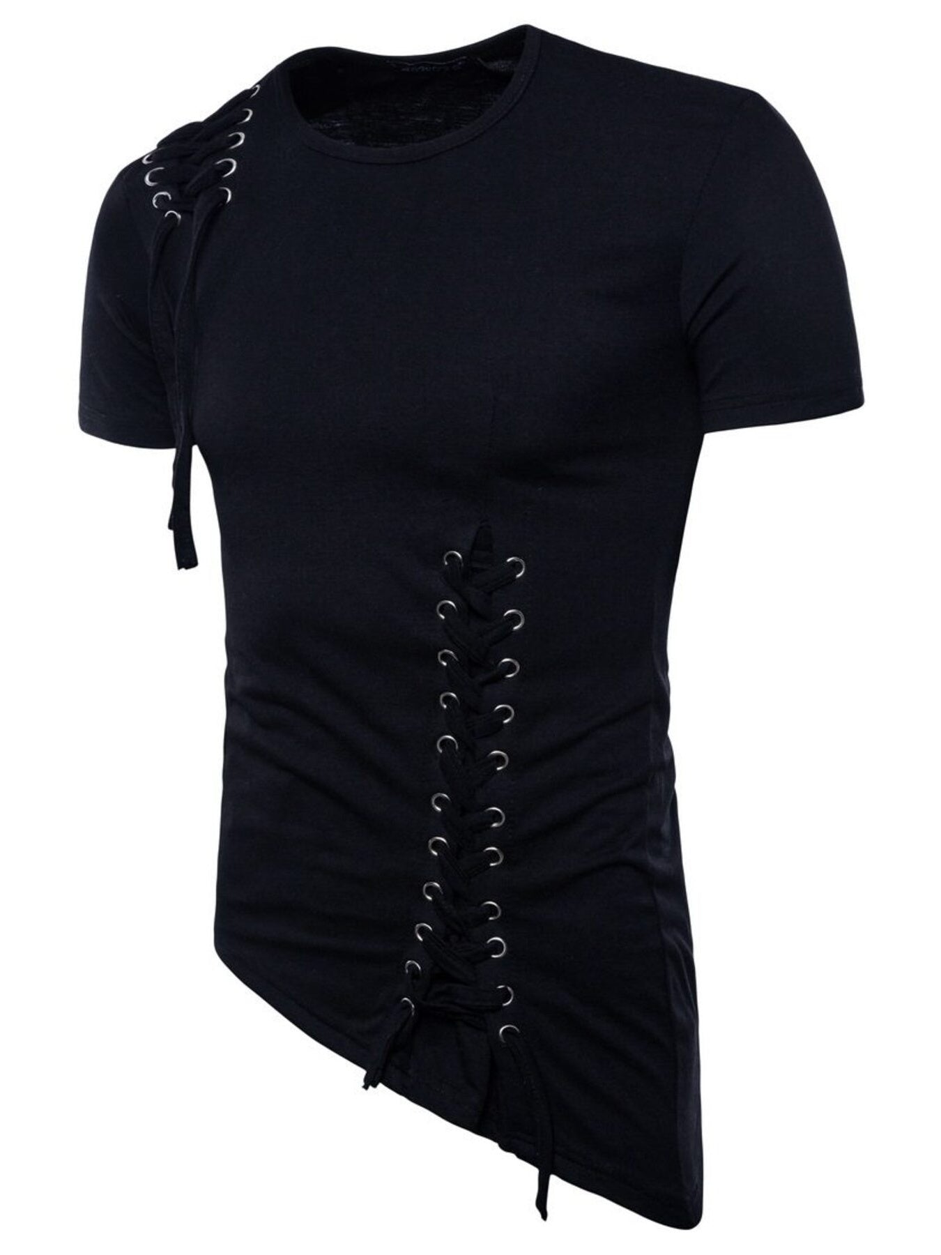 Men's Lace-Up Asymmetric Hem T-Shirt