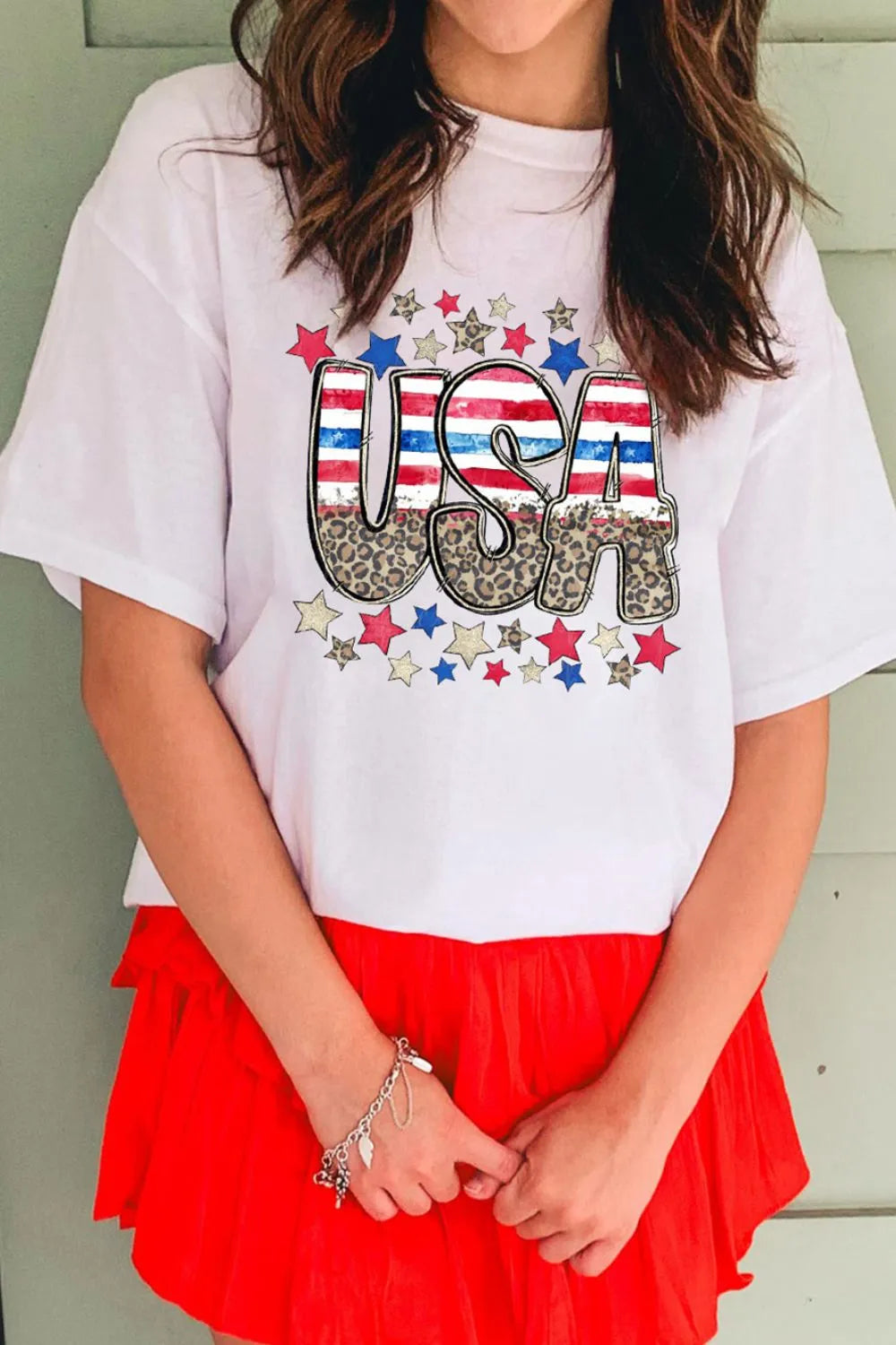 Patriotic Star Leopard USA Letter Graphic T Shirt