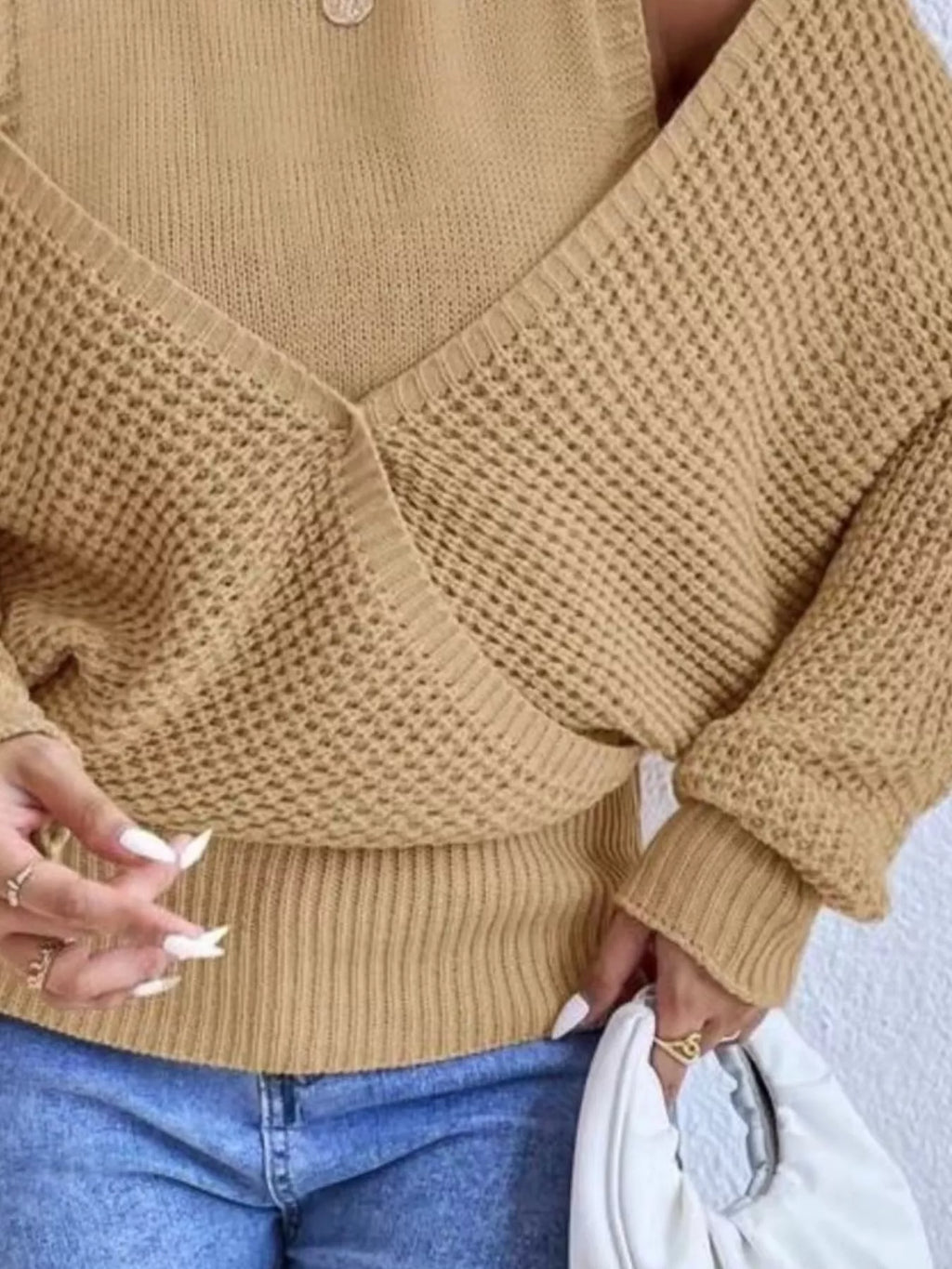 Waffle Knit Cold Shoulder Turtleneck Sweater