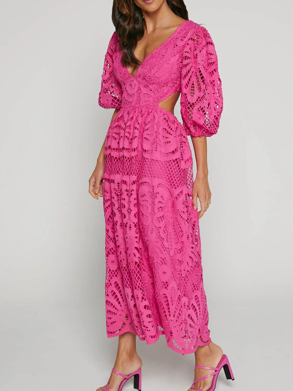 Cutout Back Lace Crochet V-Neck Dress