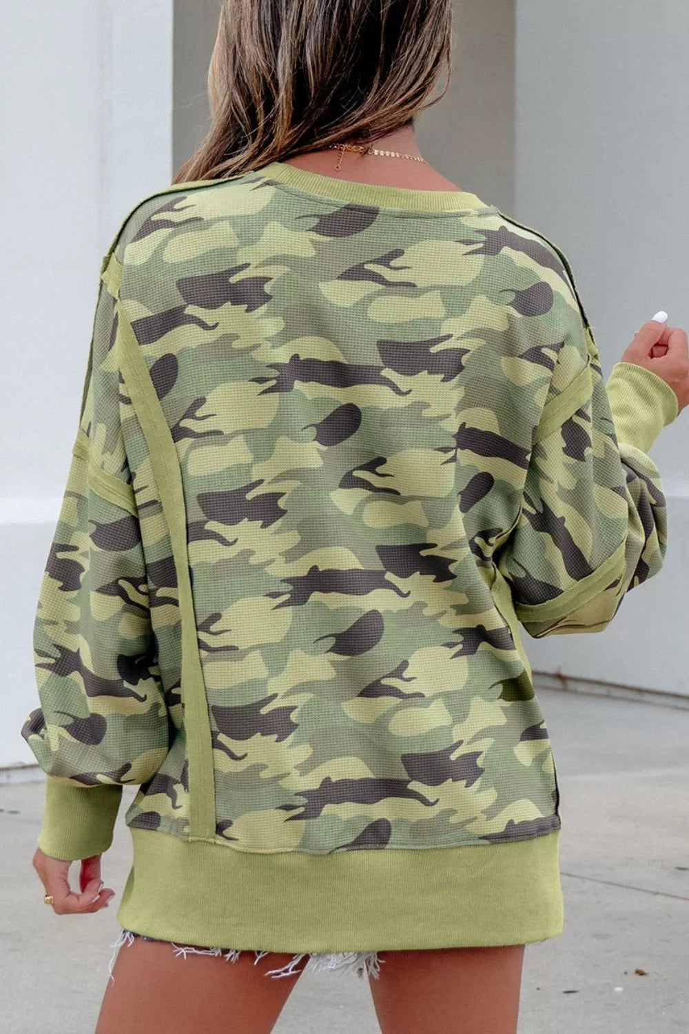 Camouflage Waffle Knit Raw Edge Contrast Trim Oversized Long Sleeve Top