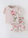 Children's Flower Round Neck Tee and Shorts Set
