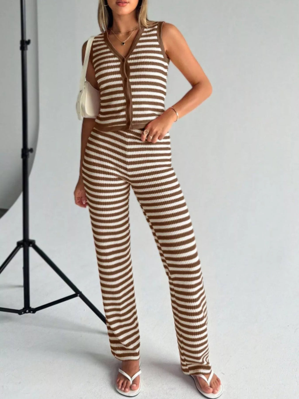 Striped Knit Sleeveless Top and Pants Set