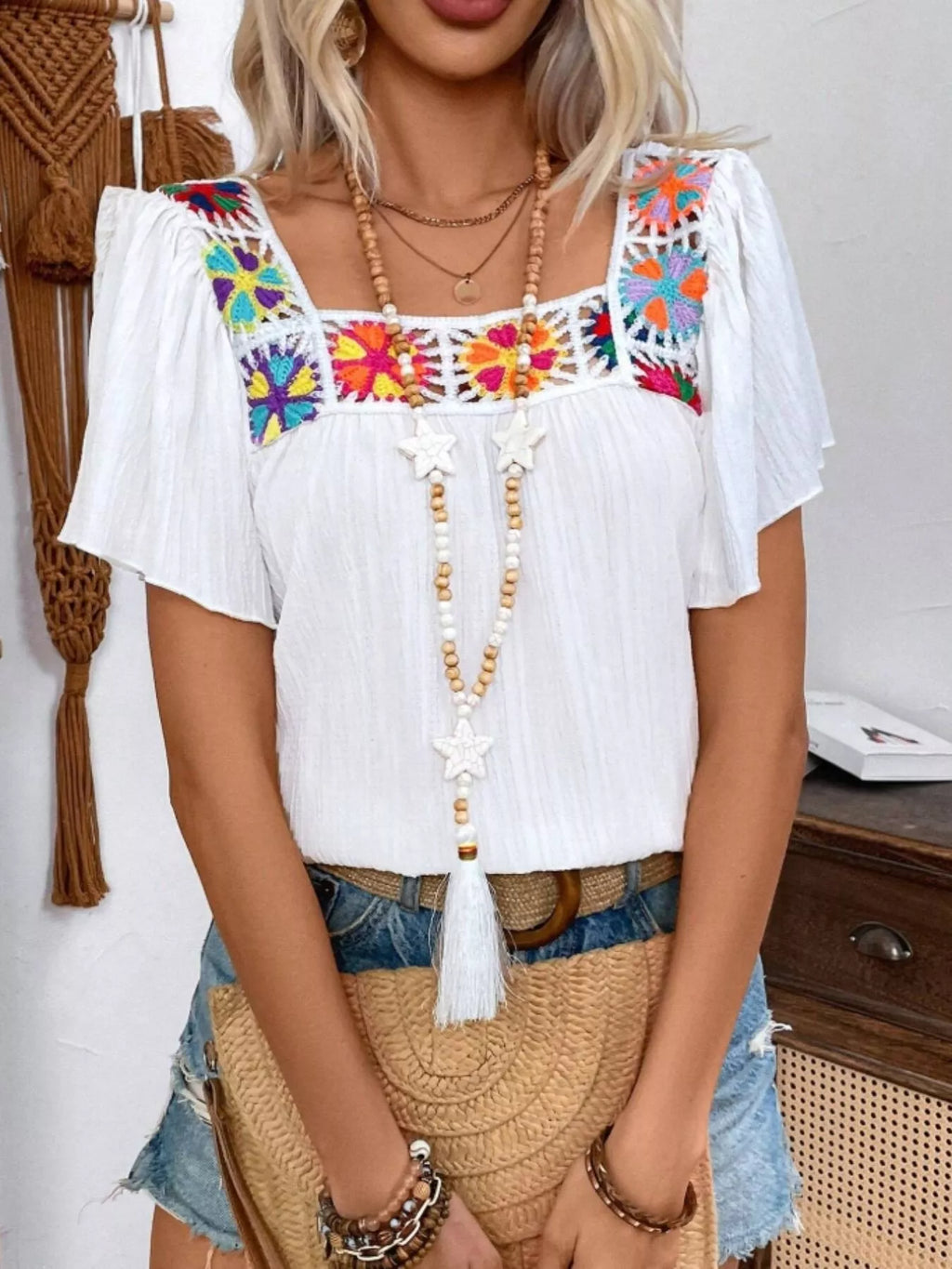 Embroidered Square Neck Flutter Sleeve Blouse