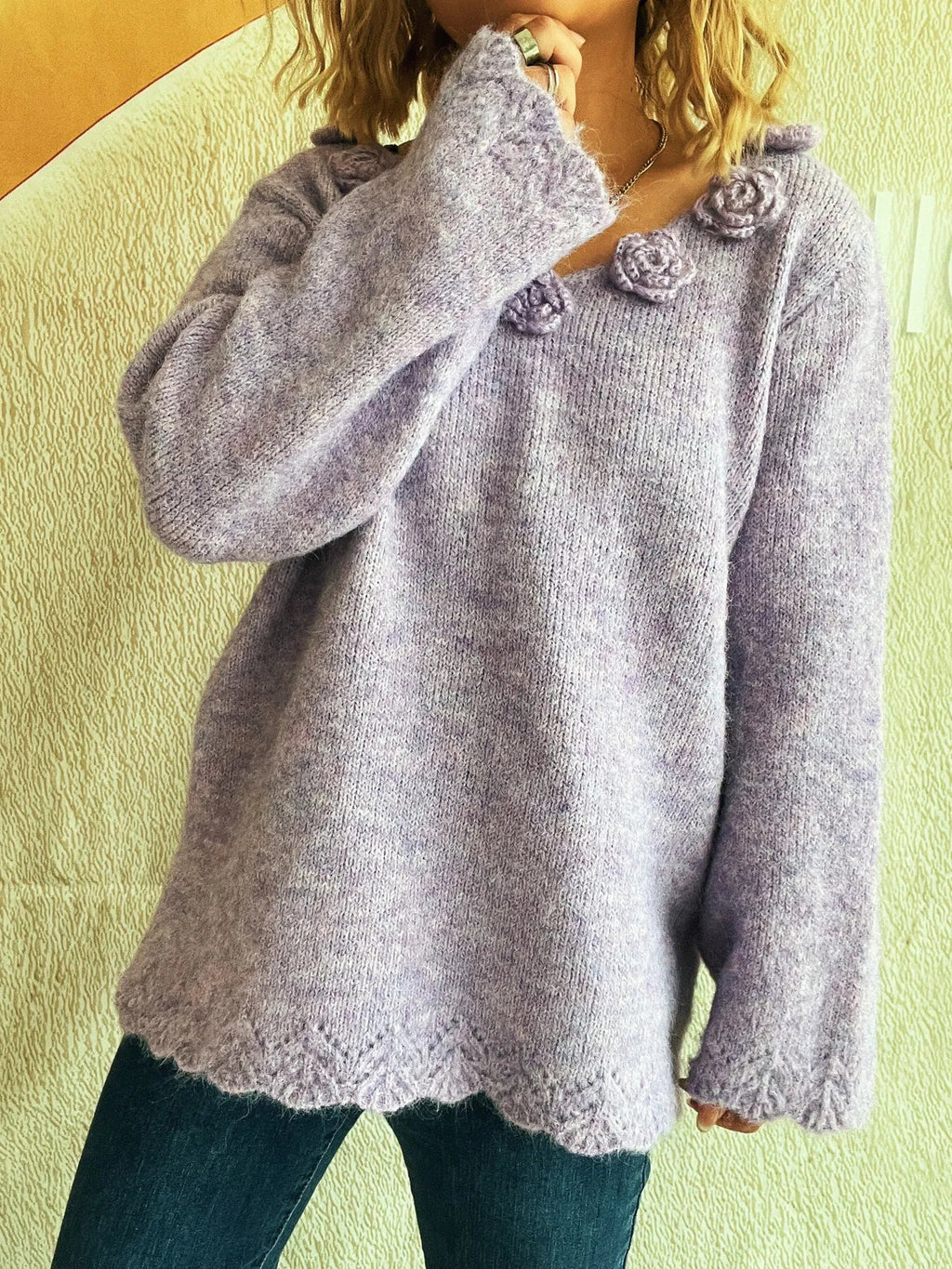 Flower V-Neck Long Sleeve Sweater