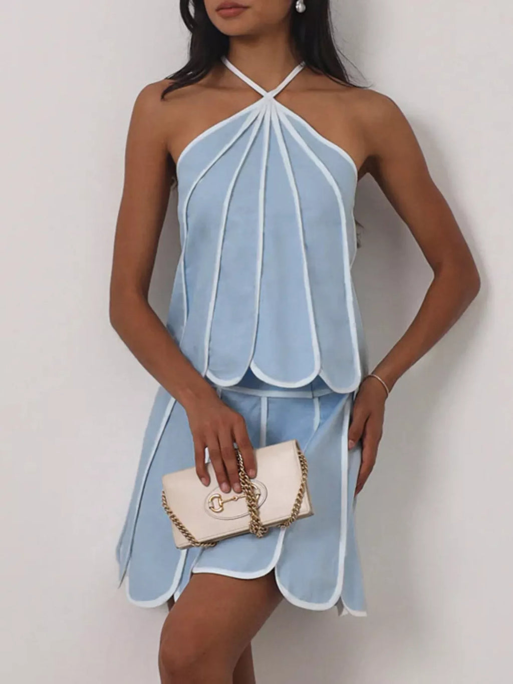 Contrast Trim Halter Neck Top and Skirt Set