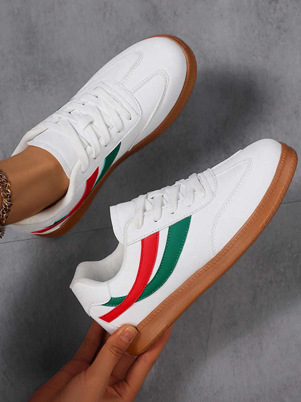 Lace Up Flat Sneakers with Stripe Accent