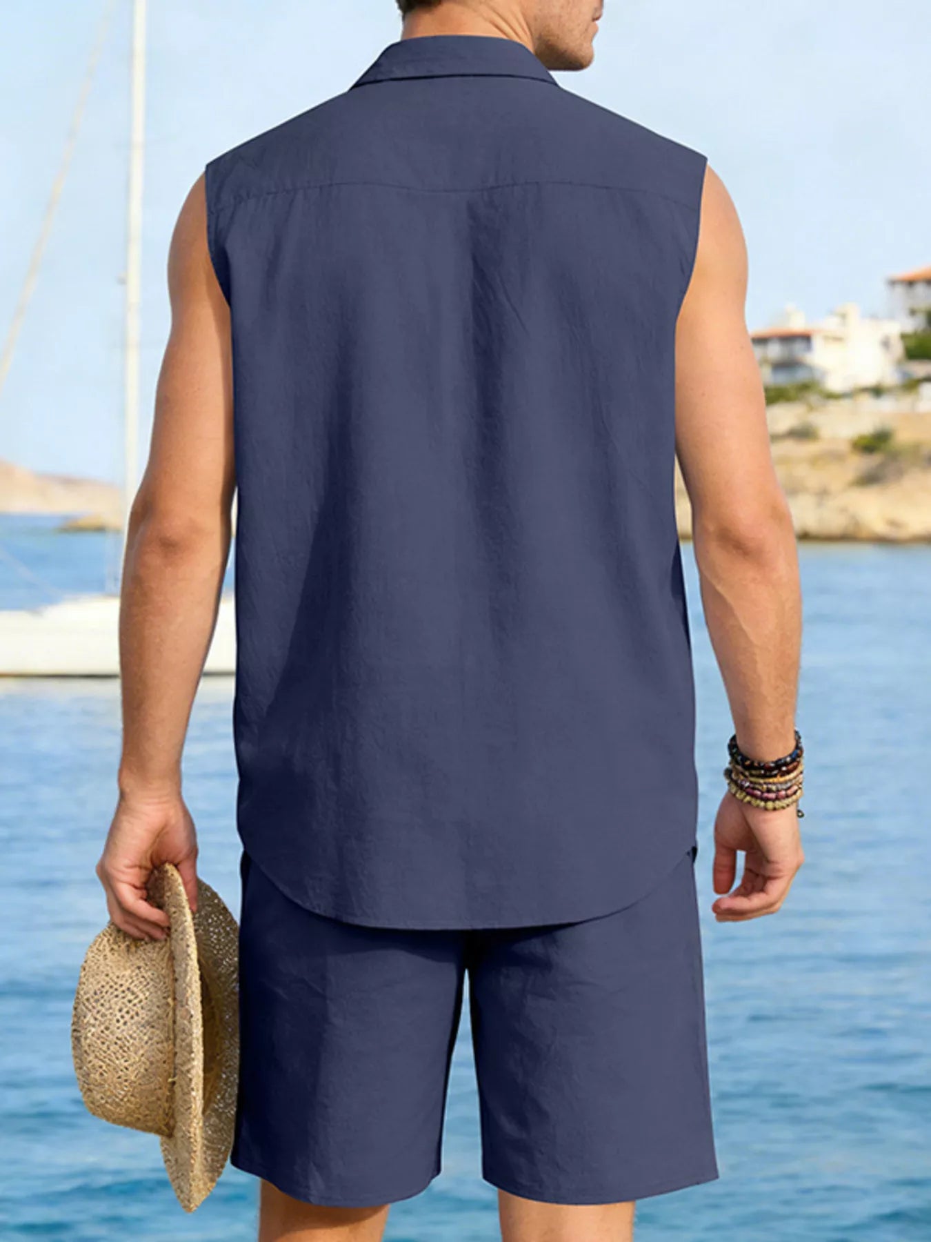 Men's Full Size Button Up Sleeveless Top and Shorts Plus Size