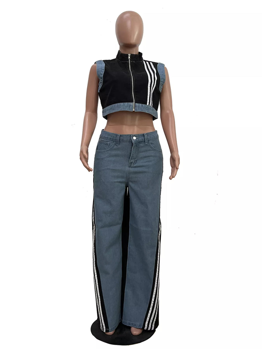 Zip Front Crop Top and Striped Pants Set