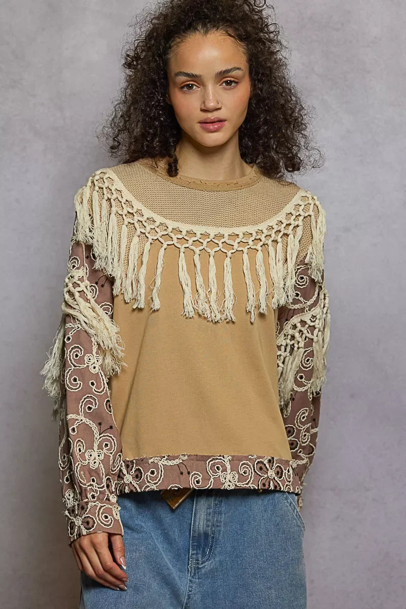 POL Contrast Floral Embroidery Balloon Sleeve Top with Tassel Trim
