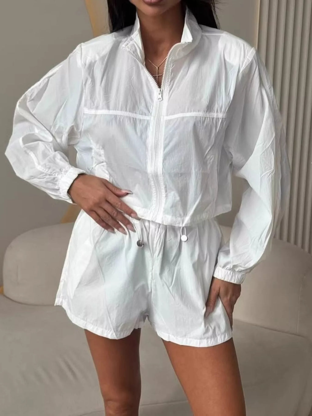 Zip Up Long Sleeve Outerwear and Shorts Set