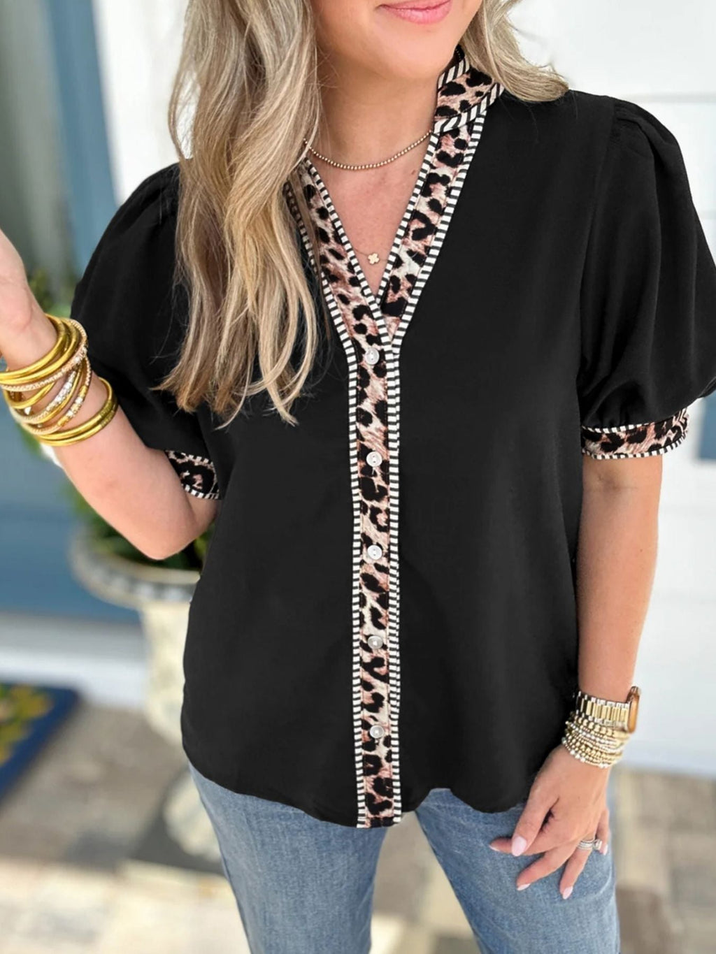 Leopard Trim Puff Sleeve Blouse