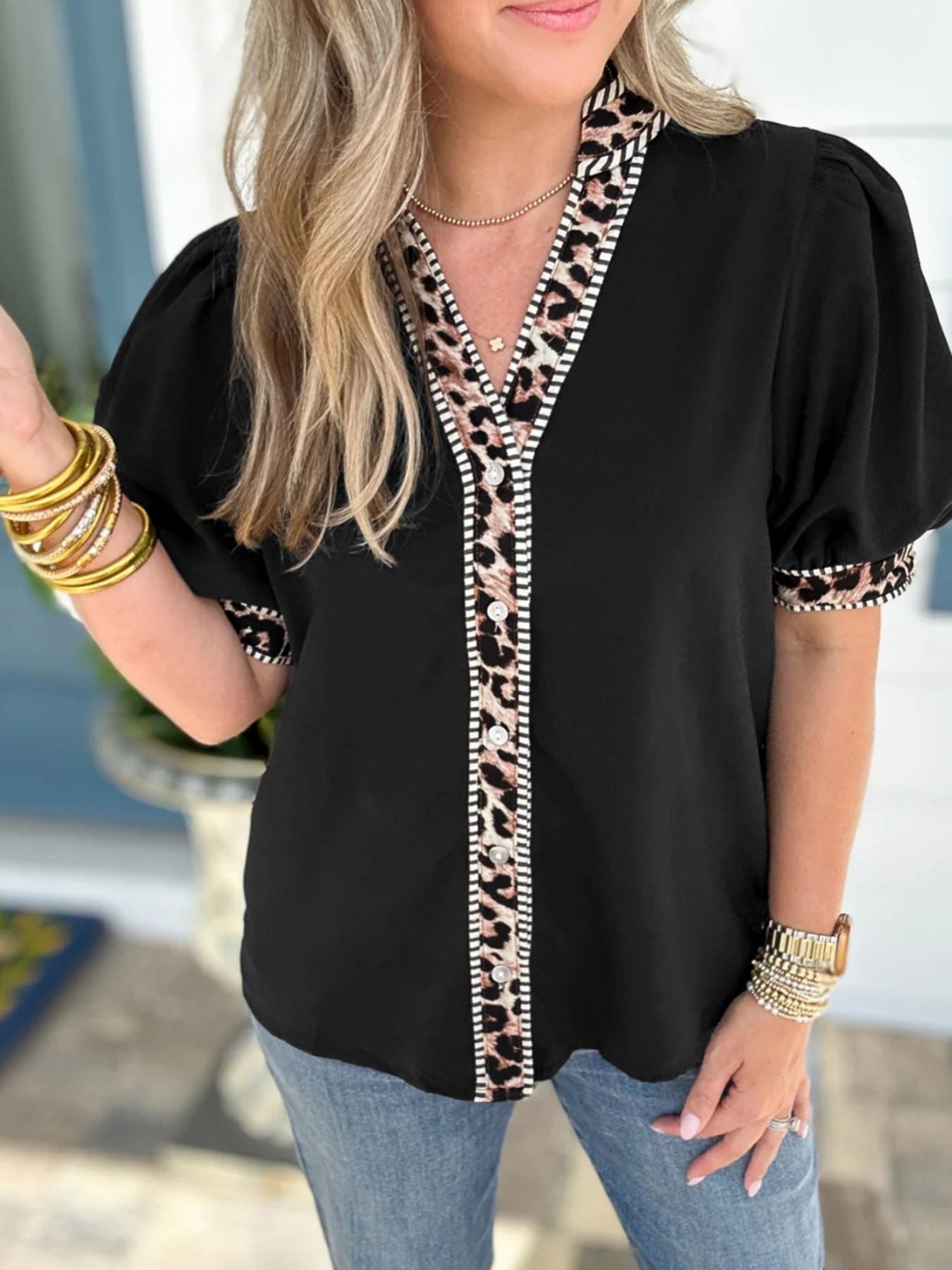 Leopard Trim Puff Sleeve Blouse