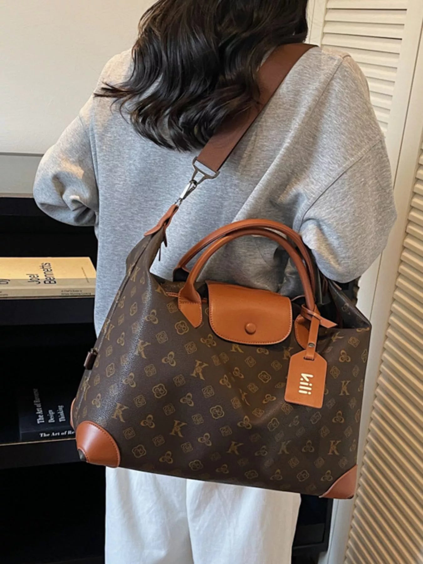 Patterned Leather Trim Crossbody Bag