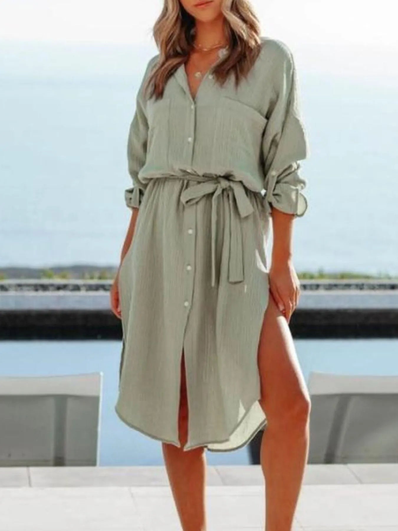 Button Down Tie Waist Shirt Dress