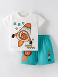 Children's Cartoon Rocket Graphic Tee and Lion Applique Shorts Set