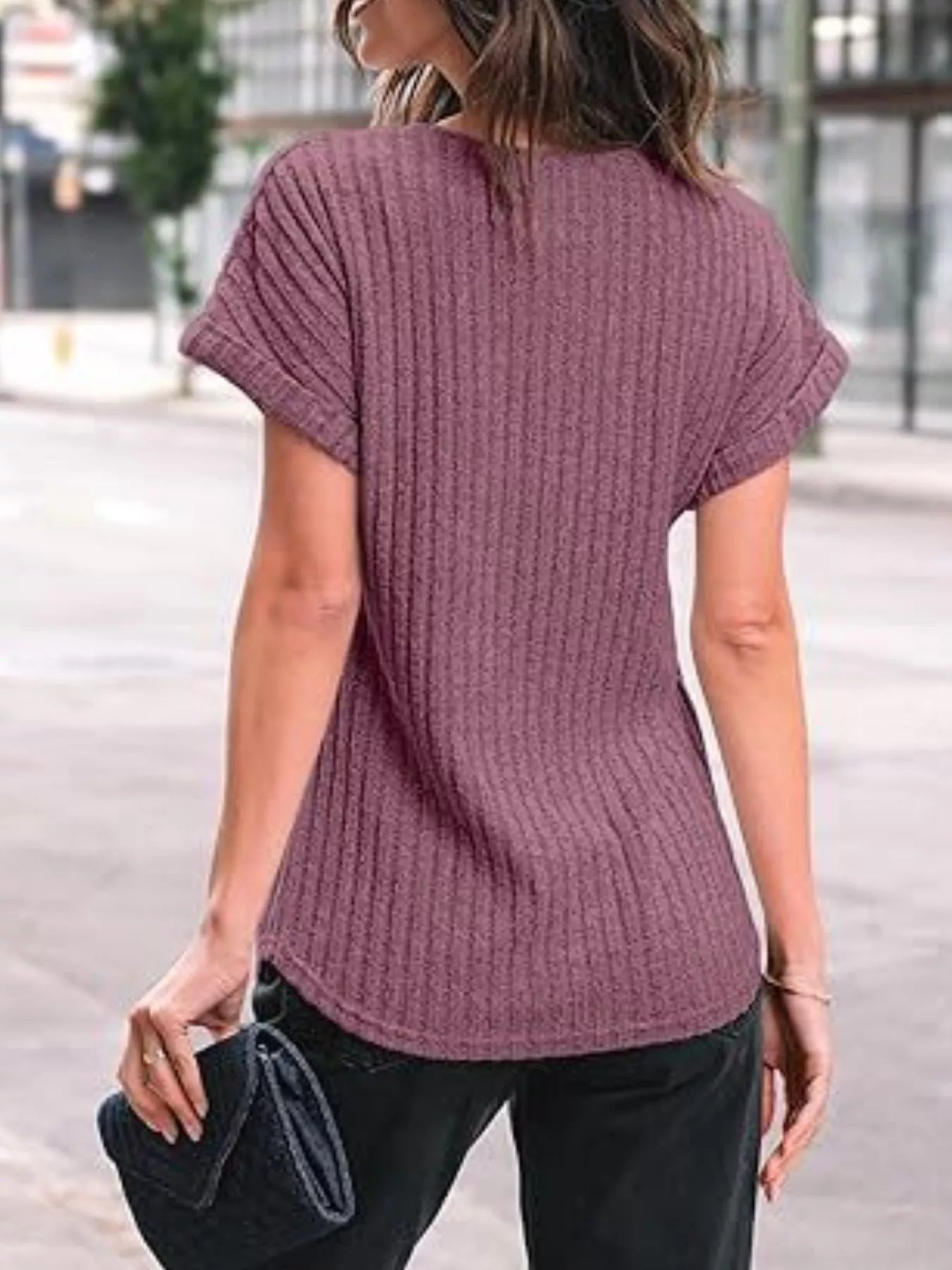 Casual Ribbed Knit Short Sleeve T-Shirt