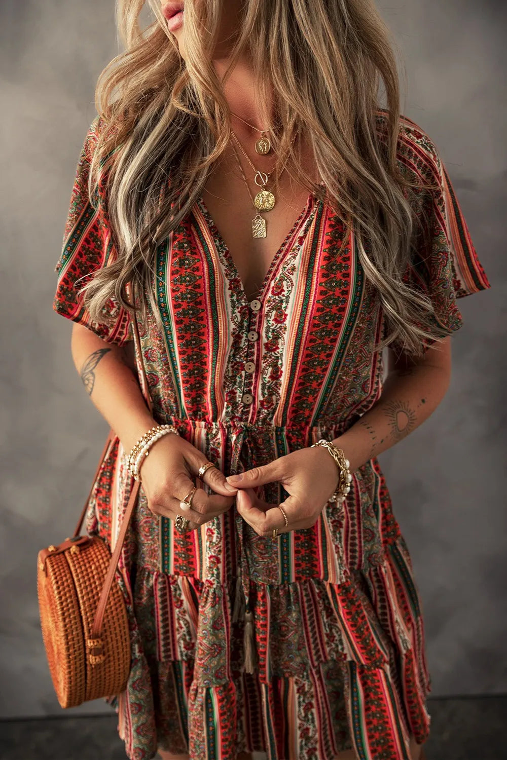 Bohemian Floral Print Buttoned V Neck Ruffle Tiered Dress