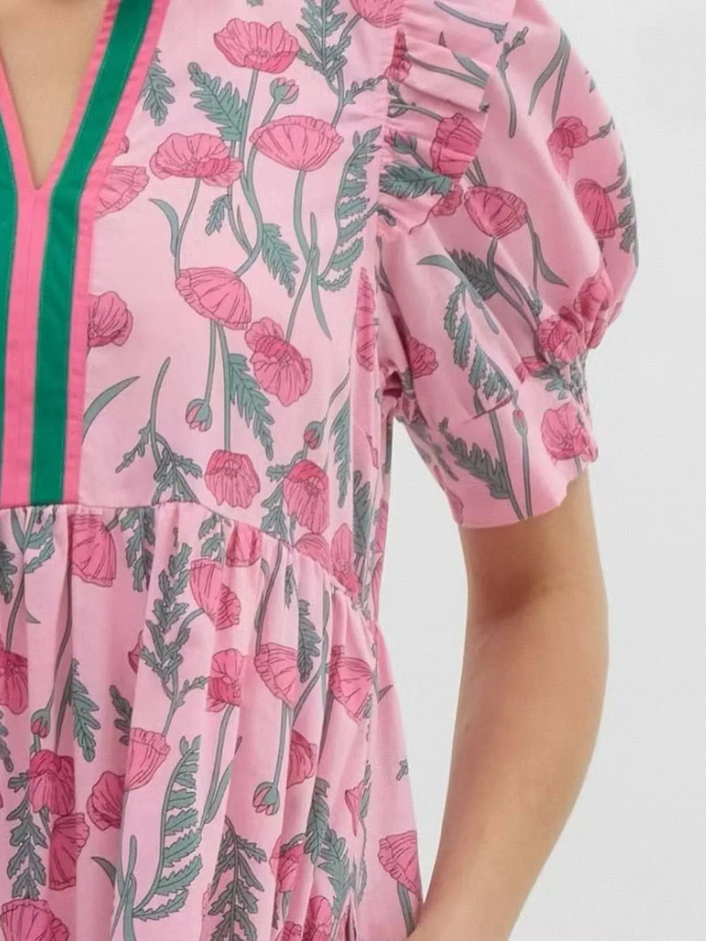 Floral Puff Sleeve Midi Dress with Contrast Trim