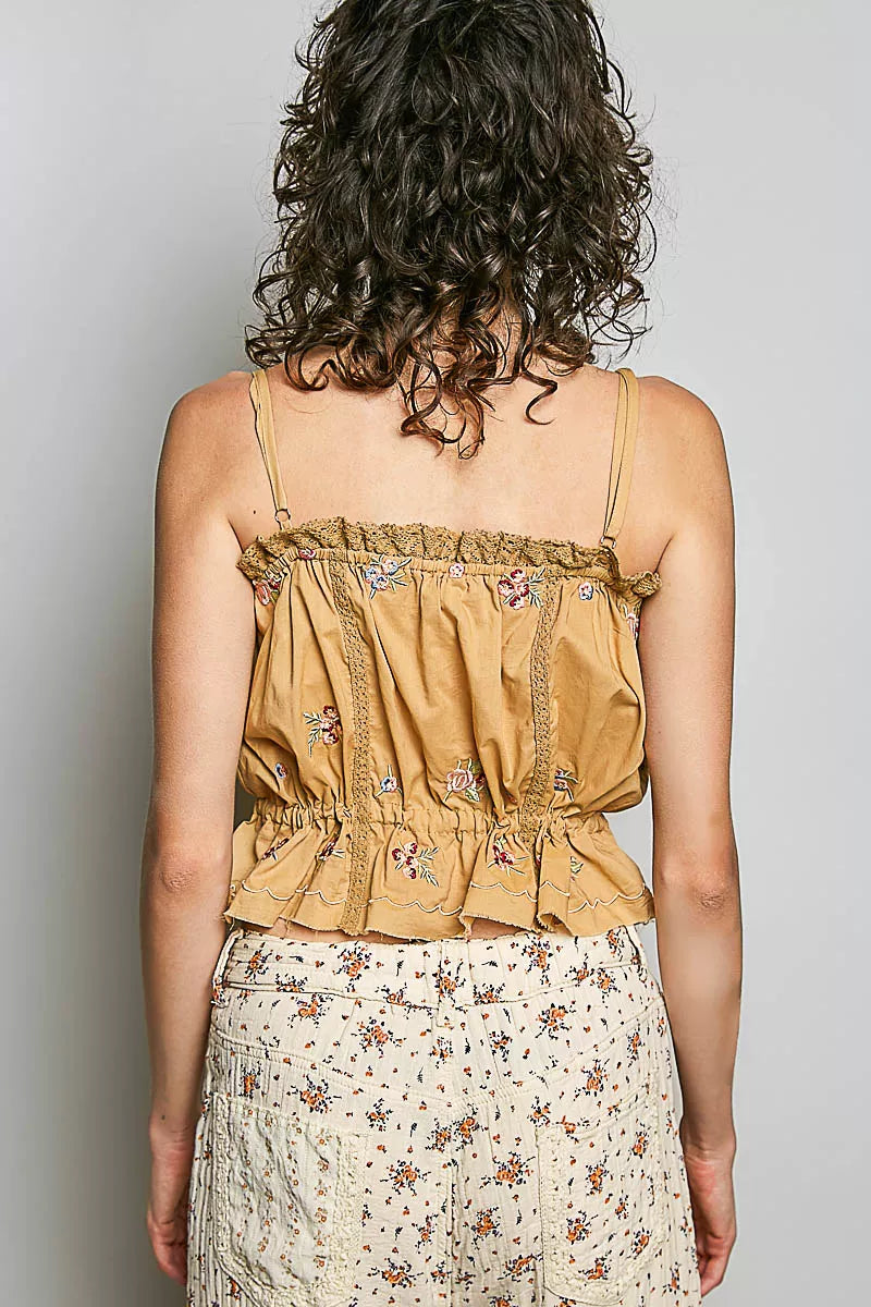 POL Button Down Floral Embroidered Cropped Cami with Lace Detail