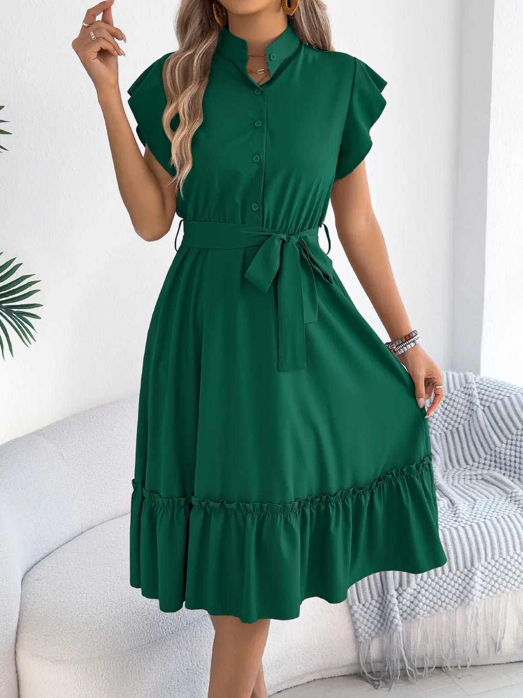 Tie Waist Ruffled Cap Sleeve Dress