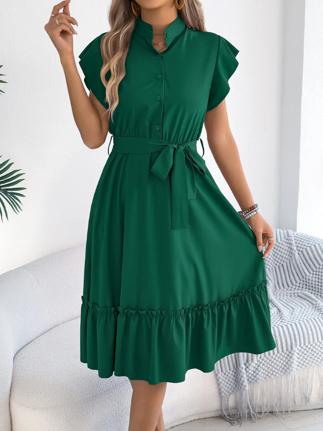 Tie Waist Ruffled Cap Sleeve Dress