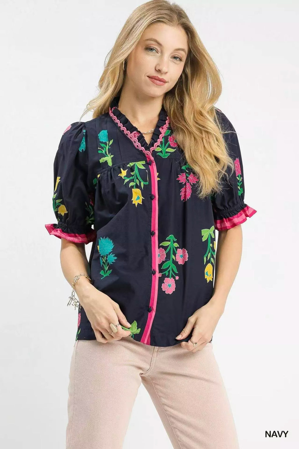 Umgee Petal Parade Print Button-Down Blouse