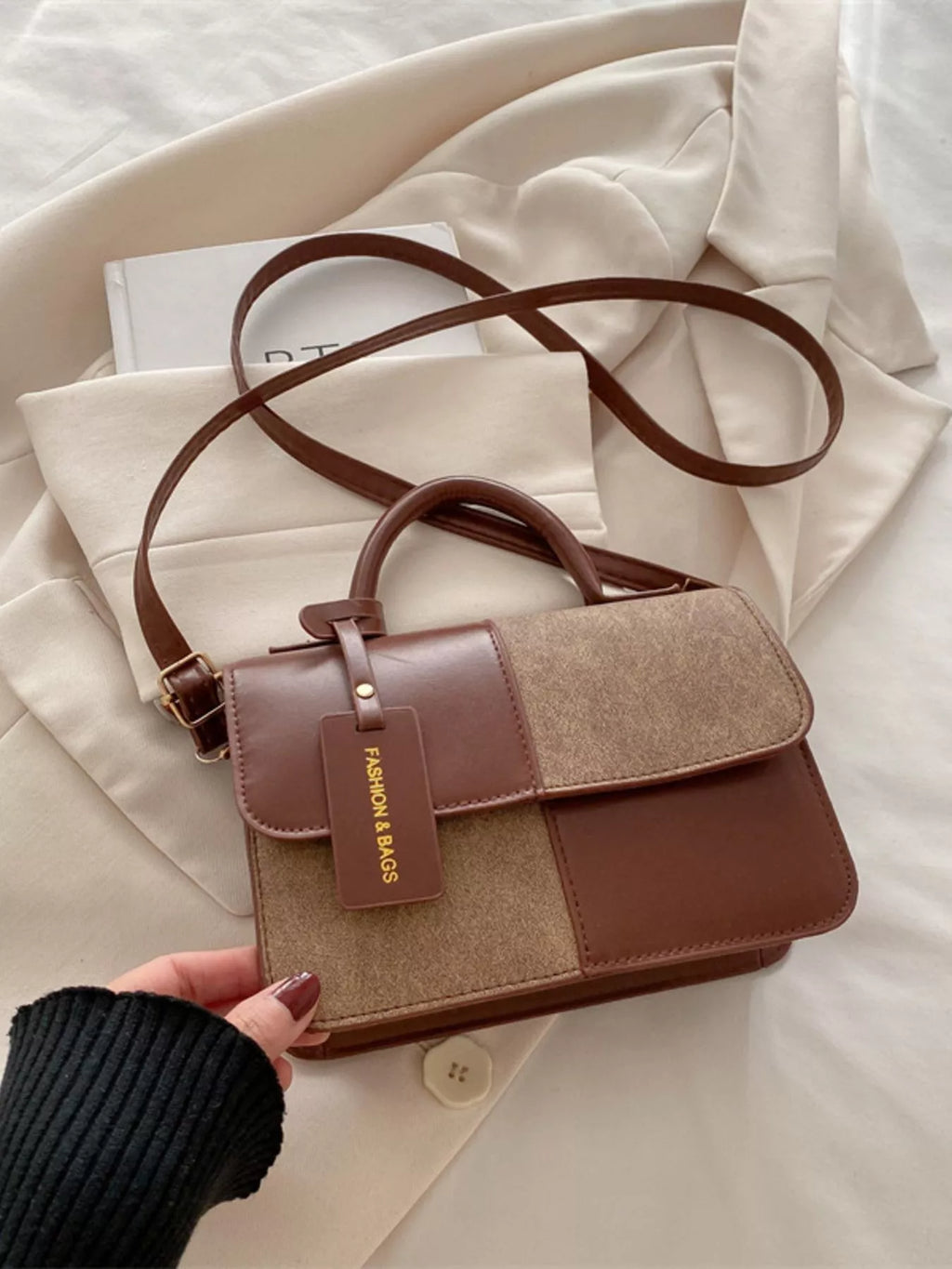 Color Block Flap Crossbody Bag with Top Handle