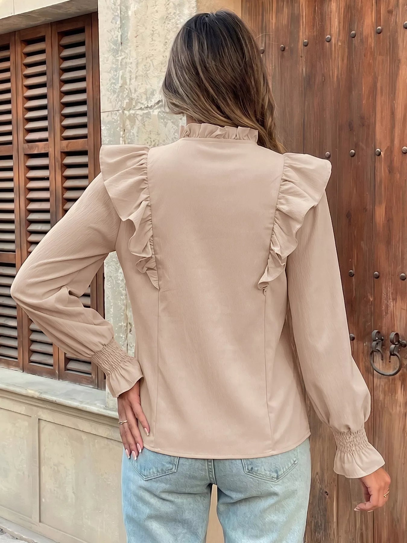Ruffled Tie Neck Long Sleeve Blouse