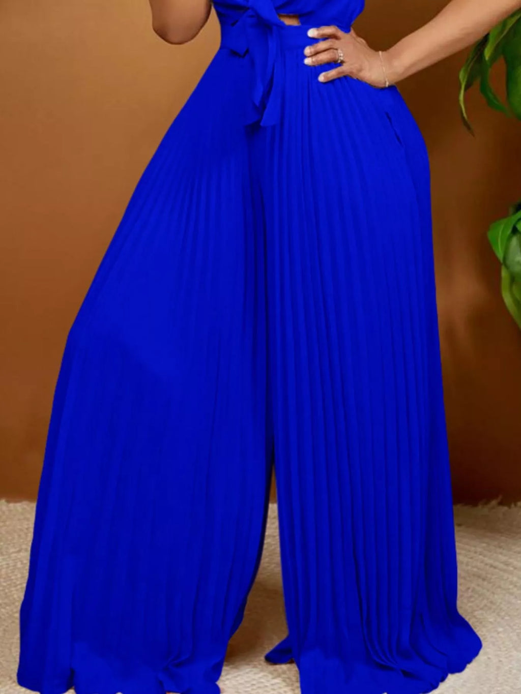 Full Size Tie Front Pleated Wide Leg Jumpsuit Plus Size