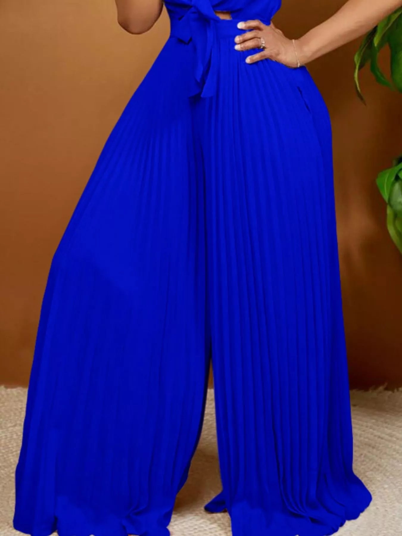 Full Size Tie Front Pleated Wide Leg Jumpsuit Plus Size