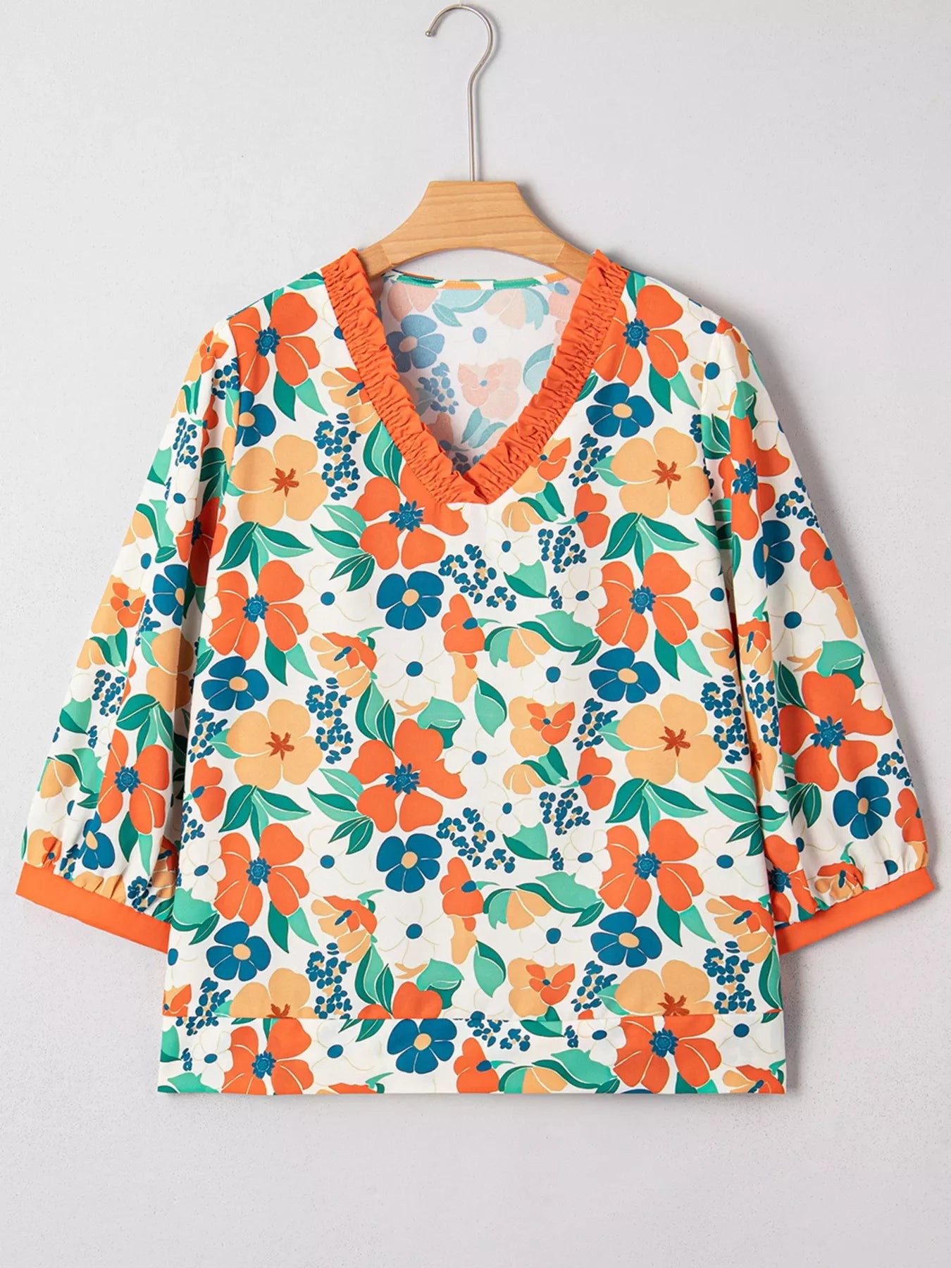 Frilled V Neck Floral Print Blouse