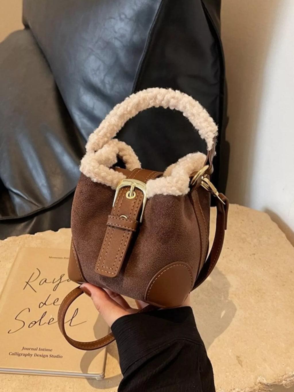Fuzzy Trim Bucket Crossbody Bag