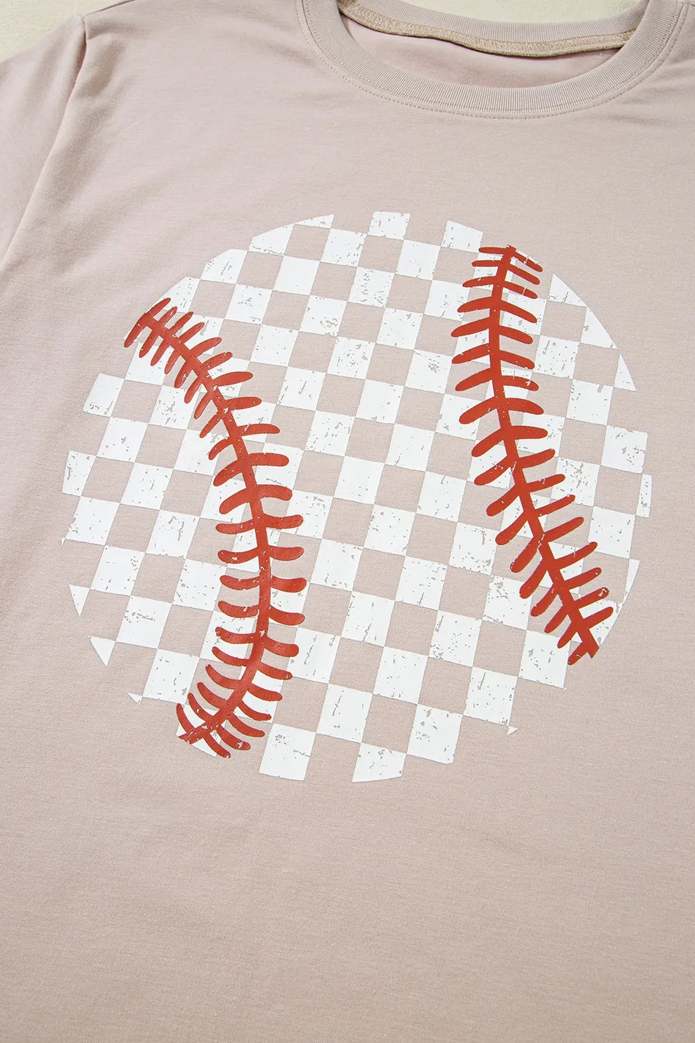 Contrast Checkered Baseball Graphic Round Neck Short Sleeve T-Shirt