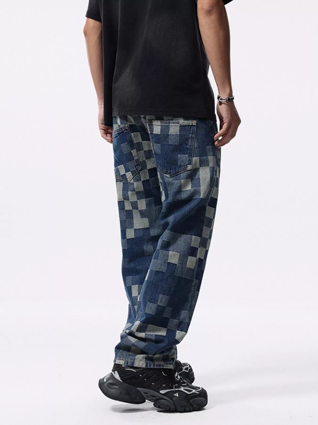 Men's Checkerboard Pattern Relaxed Fit Jeans