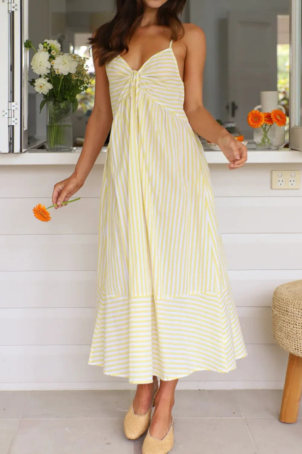 Smocked Back Striped Sleeveless Midi Dress