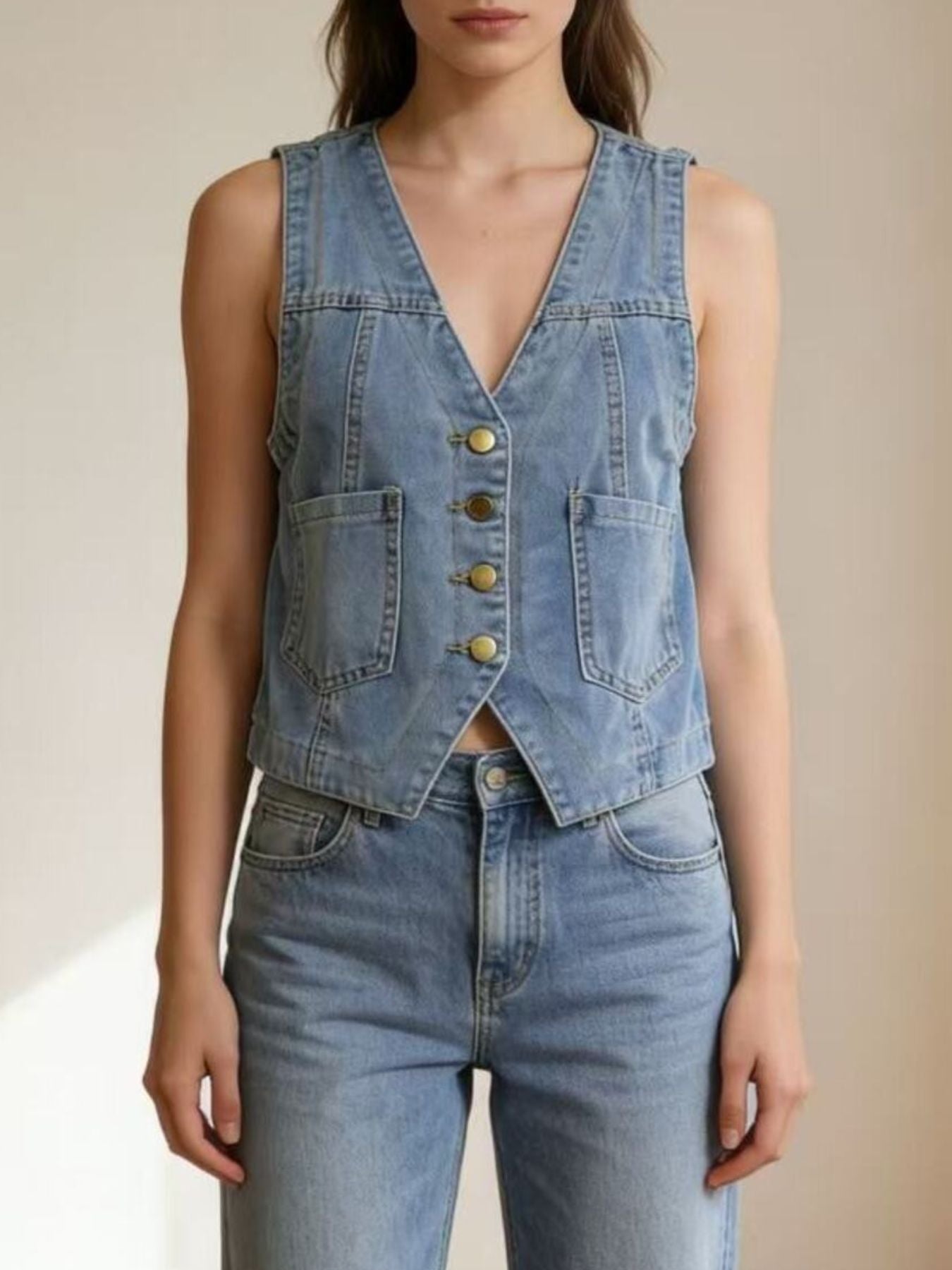 Plus Size Button-Down Denim Vest
