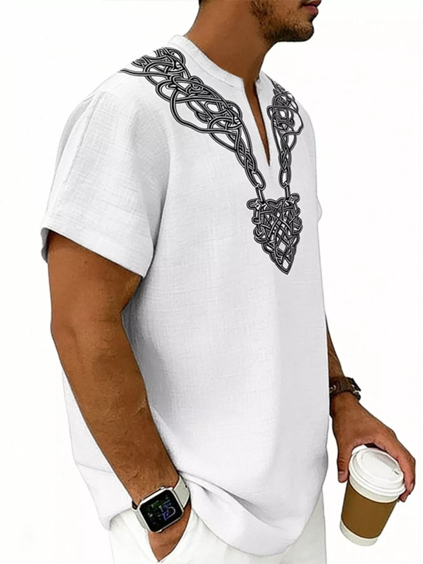 Men's Full Size Notched Printed Short Sleeve Blouse Plus Size